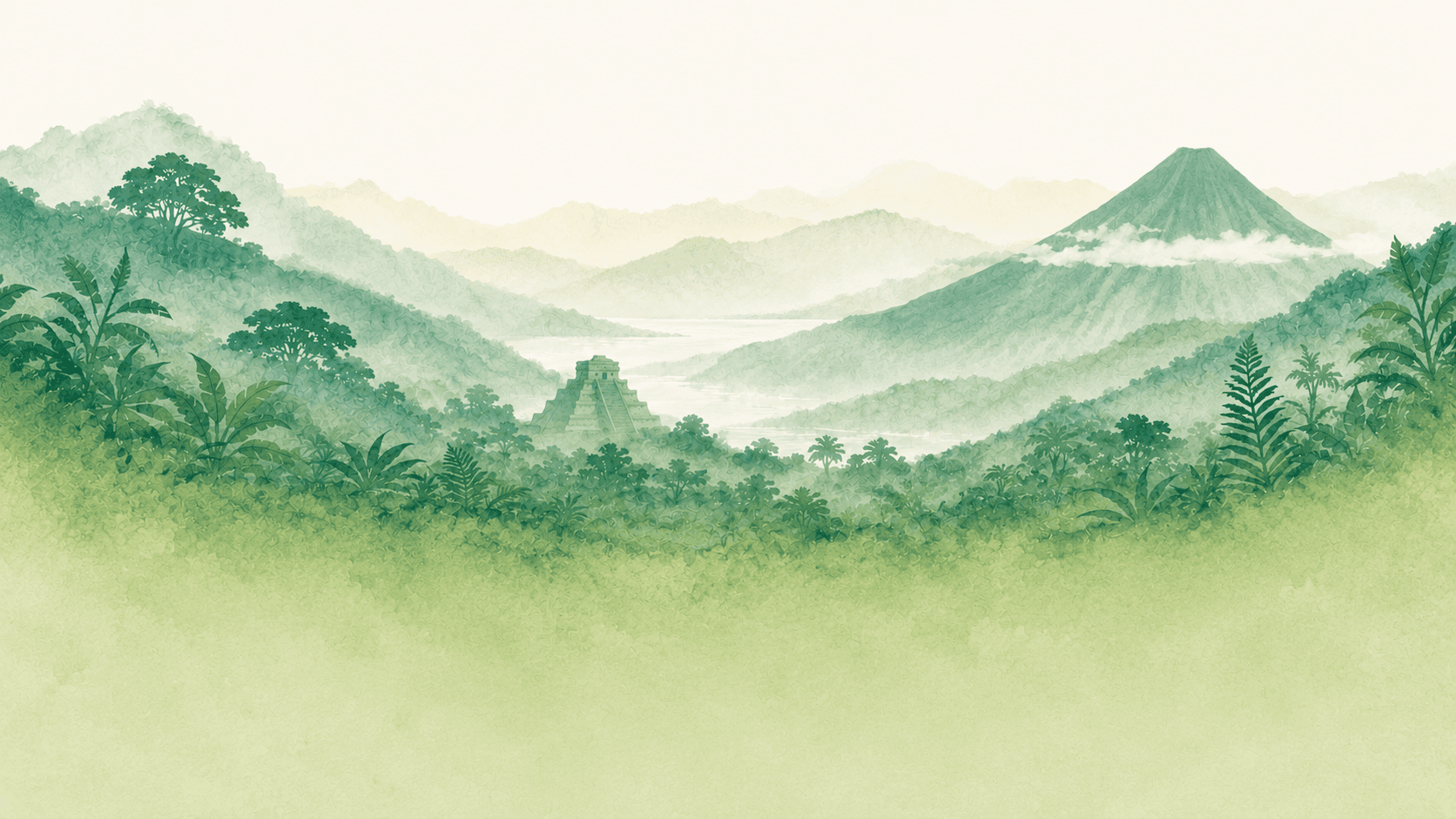 Watercolor landscape of Guatemala mountains and jungle