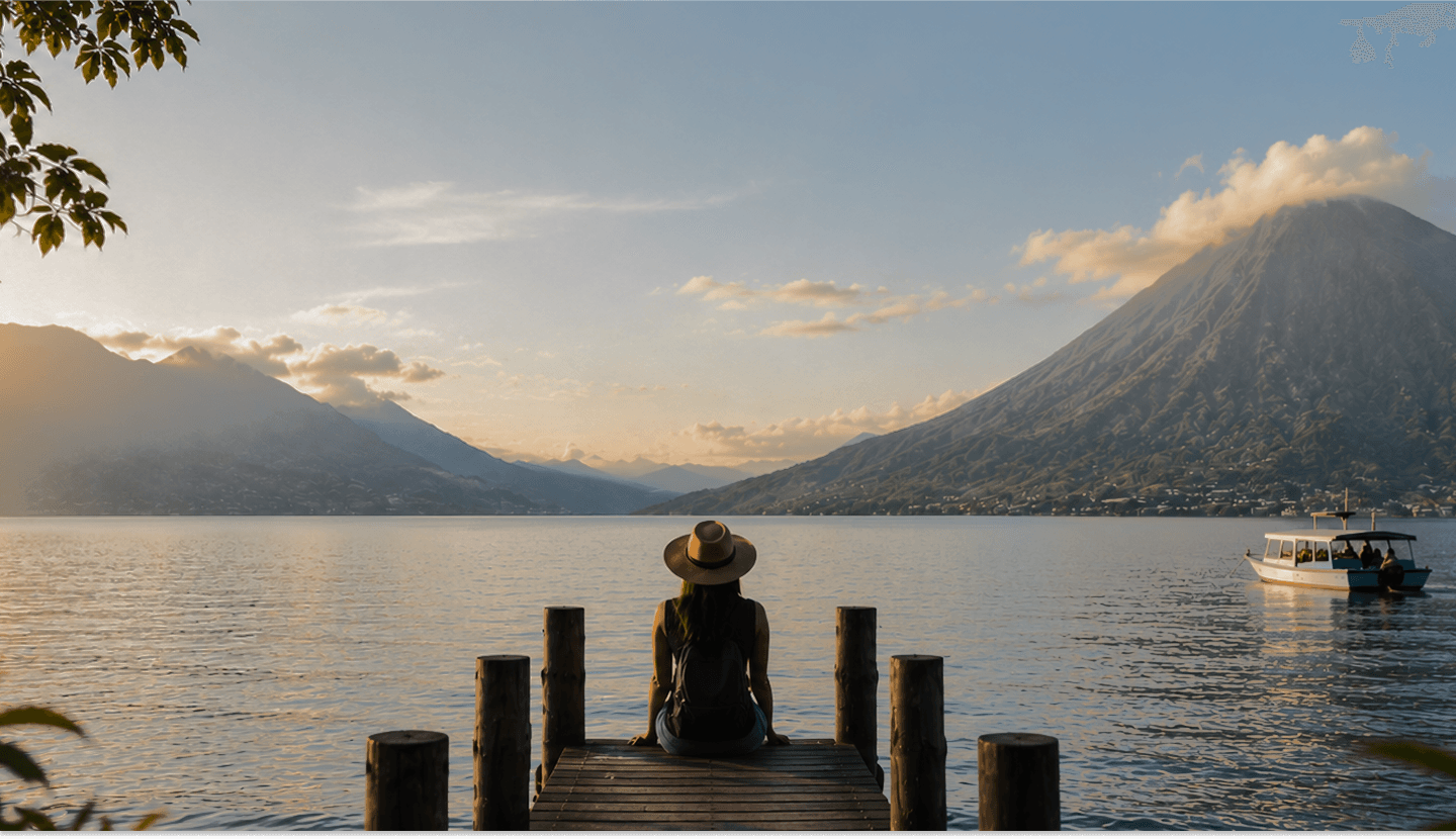 Lake Atitlan at sunrise with volcanoes in the background